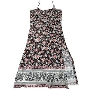 MNG Casual Floral Leopard Print Midi Dress Spaghetti Strap Slit Black Pink L